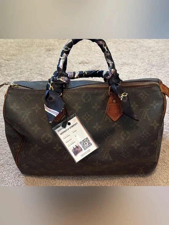 Louis Vuitton speedy 30 Monogram Tote with Black Scarf-Wrapped Handles