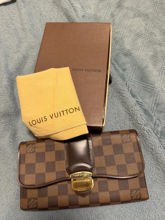 Louis Vuitton Damier Ebene Brown Check Canvas Clutch Wallet with Gold Hardware