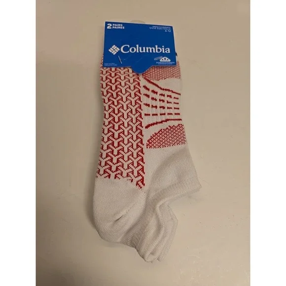 Columbia Mens Pull Tab Socks 2 Pair, White/Black/Red Pattern Mens 6-12 Shoe NEW!