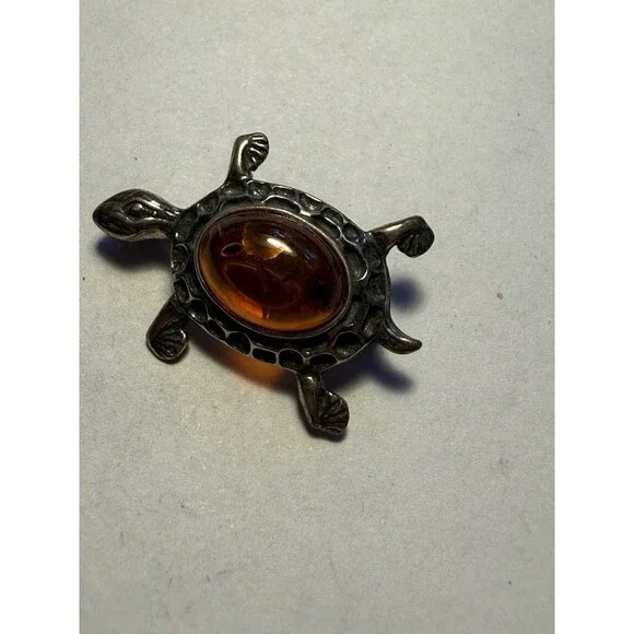 Amber Sterling Silver 925 TURTLE Brooch Pin