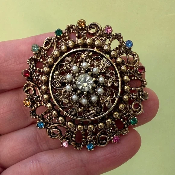 Vintage and Unique Large Gold Brooch with Multicolor Gems