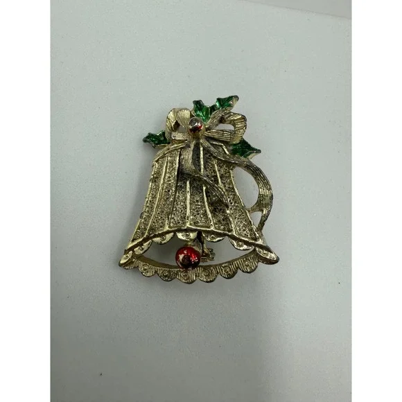 Vintage‎ Gerrys Christmas Bell Brooch Gold Tone Enamel Holly Holiday Pin Signed