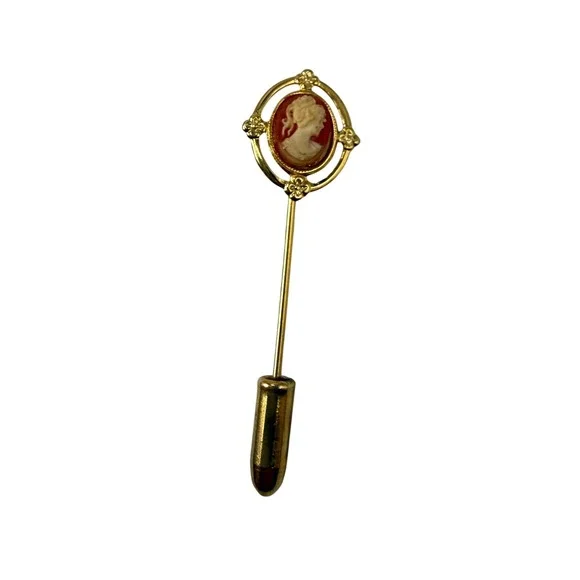 Vtg Cameo Stick Pin Gold Tone Red Carnelian Style Victorian Lapel Pin Hat Pin
