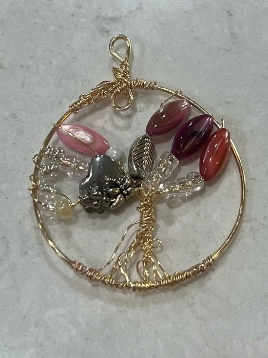 Handmade Gold Wire Tree of Life Pendant with Pink and Purple Beads