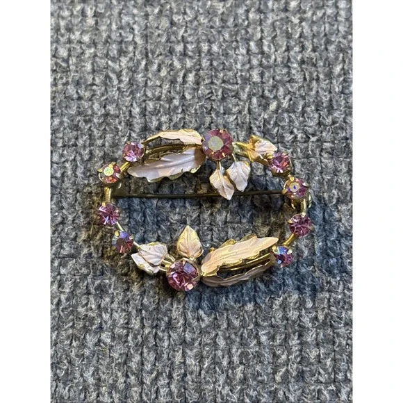 Vintage Pink Flower Wreath Brooch Pin Gold Tone Rhinestone Austria