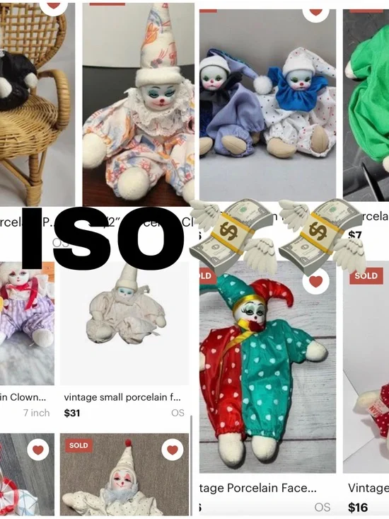 ISO Porcelain Clown Doll, clown beanbag doll, sandbag doll