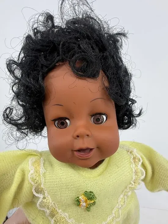 Vintage 1988 Black Baby Doll Sleep Eyes Soft Body Yellow Gown Curly Hair CitiToy