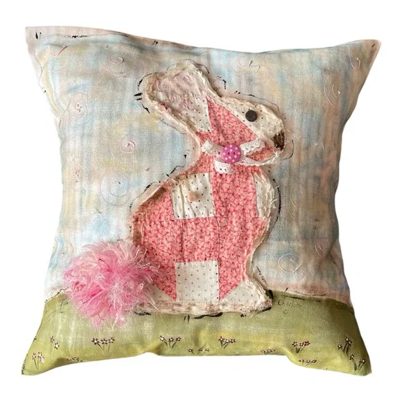 Handmade , Hand crafted and hand painted by me.Patchwork Bunny Decorative Pillow