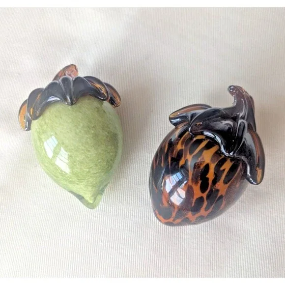 Lot Of 2 Acorns Heavy Blown Glass Fall Decor Orange & Green Paperweight Speckled