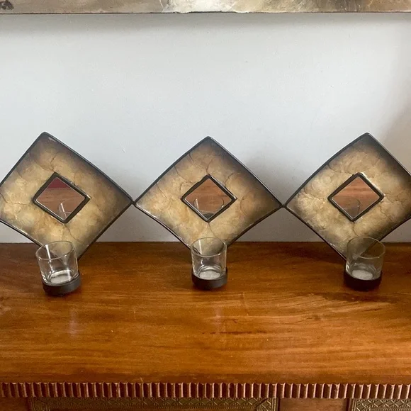Vintage Pier 1 Slag Glass Diamond Tea Light Wall Mirror 25.5”.