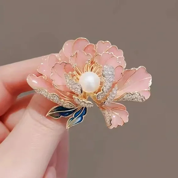 Blush Elegance Pearl & Crystal Floral Brooch