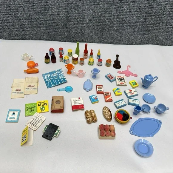 Vintage dollhouse lot miniature‎ kitchen food books his/her towels plates wallet