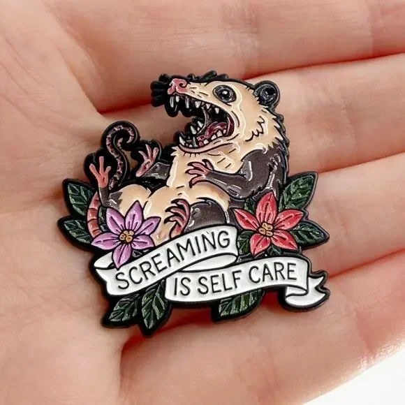 Screaming Is Self Care Possum Soft Enamel Pin Funny Goth Meme Lapel Badge