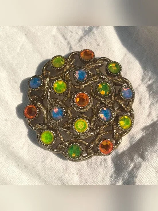 Vintage Sarah Comventry Multicolor Rhinestone Brooch - Round Filigree Pin