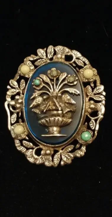 Old Mexican Silver Turquoise Planter Brooch Figural Doves Love Birds Pre 1970's
