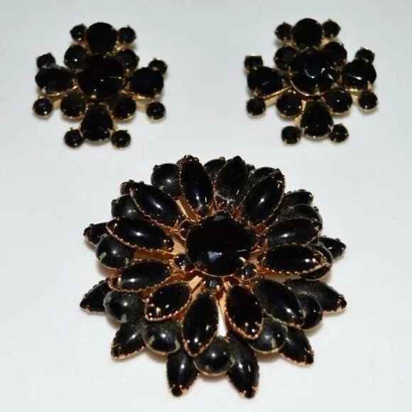 Gold Tone Large Black Glass Rhinestone Flower Set