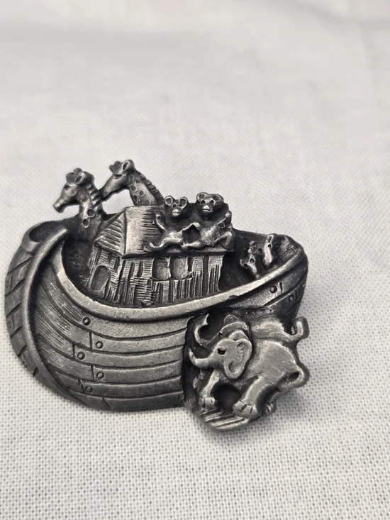 Vintage Pewter Noah's Ark Pin Brooch
