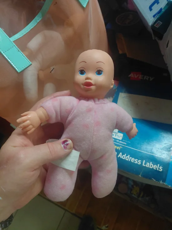 Greenbrier International blue eyed baby doll in pink hearts pajamas