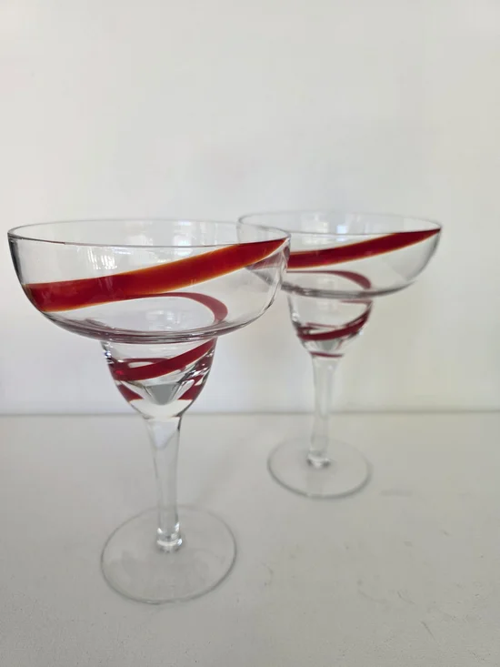 Vintage Pier 1 Clear Coupe Glasses with Red Swirl Accent - Set of 2
