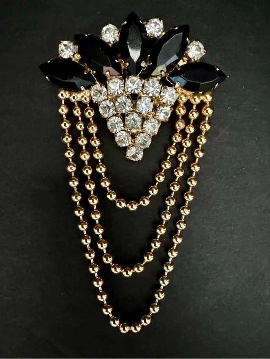 VTG Rhinestone Brooch Black Marquise Crystal Pave Tassel Dangle Pin Unsigned