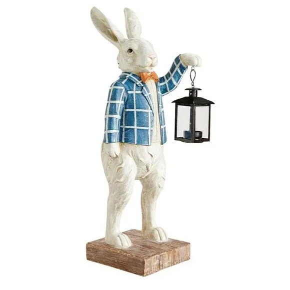NWT White Bunny Rabbit w Blue Jacket & Lantern Decor