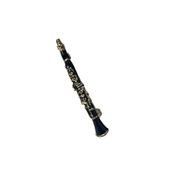 Vintage Gold Tone Black Enamel Woodwind Instrument Clarinet Musical Brooch Pin