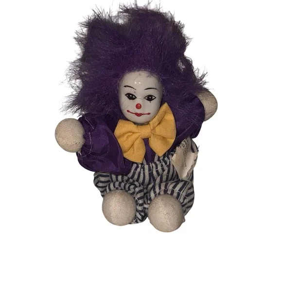 Vintage 1980s Q-Tee Sand-Filled Clown Doll Purple Hair Mardi Gras Theme NOLA