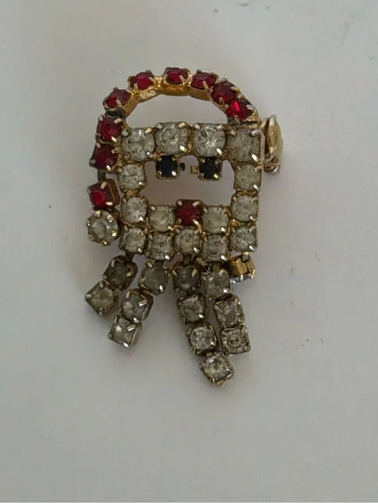 Vintage Santa Brooch Gold-Tone Red and Clear Rhinestone