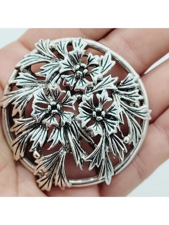 Vintage Judy Lee Round Floral Silver Tone Brooch Pendant Enhancer 2.25
