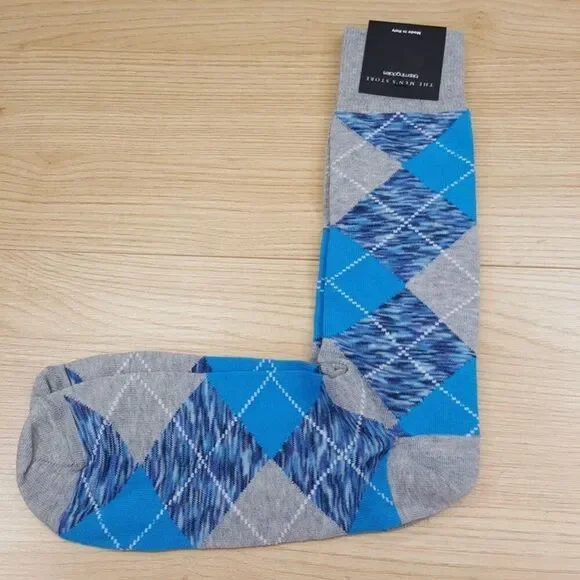 BLOOMINGDALES MENS STORE Crew Socks Sz 10-13 Blue Gray Argyle Diamond Cotton