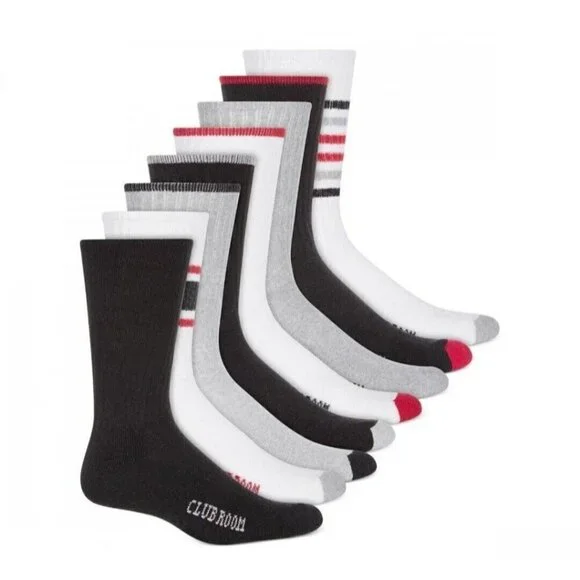 Club Room Crew Striped Socks 8-Pack Pairs Red/Black/Gray 10-13. NWT $40.