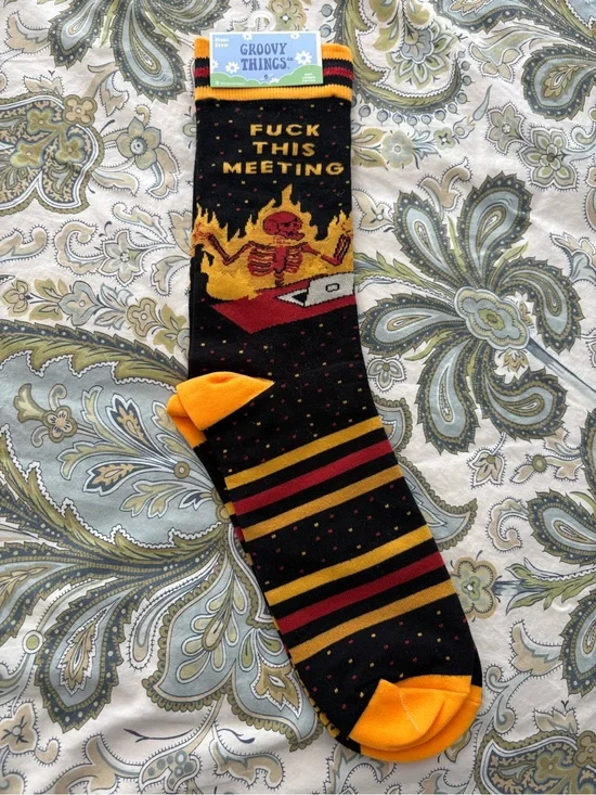 Groovy Things Men's Black & Yellow Novelty Crew Socks - 'F*** This Meeting'
