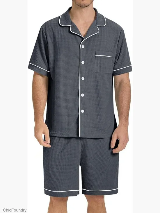 Waffle Knit Pajama Set with Pockets Short Sleeve Loungewear