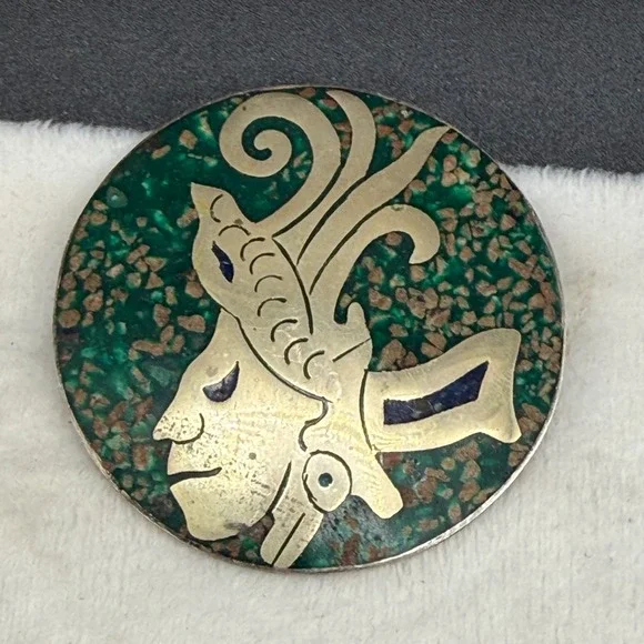 Vintage Taxco Brooch Warrior Silver Tone Enamel