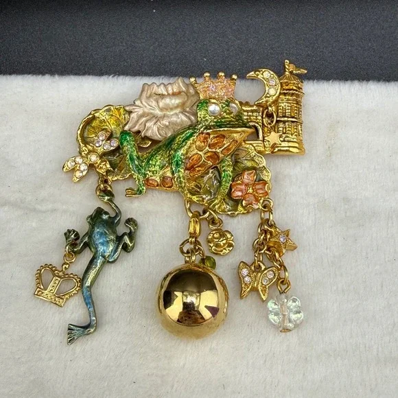 Vintage Kirks Folly Frog Prince Brooch Gold Tone Enamel Rhinestone Signed