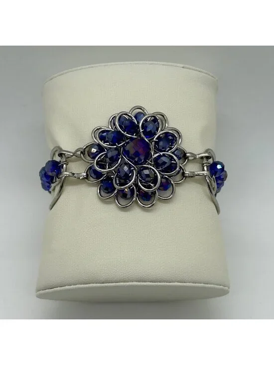 Handcrafted Silver-Tone Blue Rhinestone Crystal Floral Rosette Toggle Clasp Stat