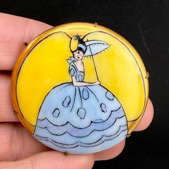 Vintage Victorian Painted Porcelain Brooch Yellow Woman With Umbrella