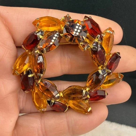 Vintage Rhinestone Brooch Gold Tone Fall Autumn Orange Red Well Made Open Back