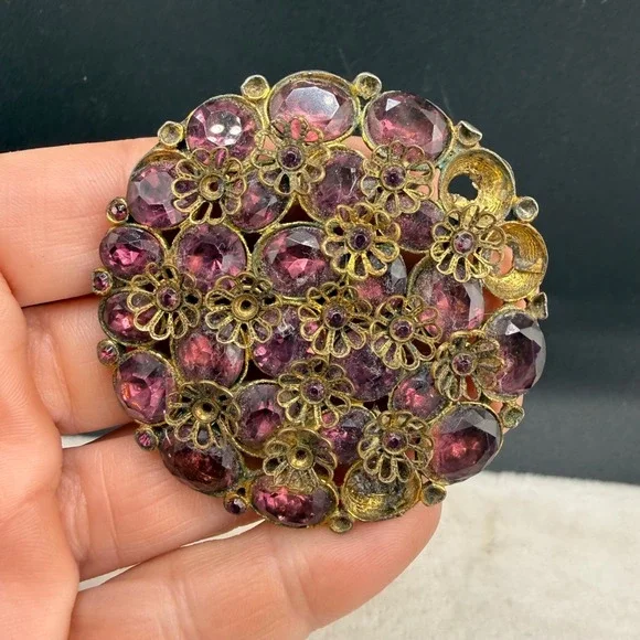 Vintage Rhinestone Brooch Gold Tone Purple Heavy WELL MADE  READ