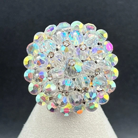 Vintage Brooch AB Crystal Cluster Rhinestones Domed 60s