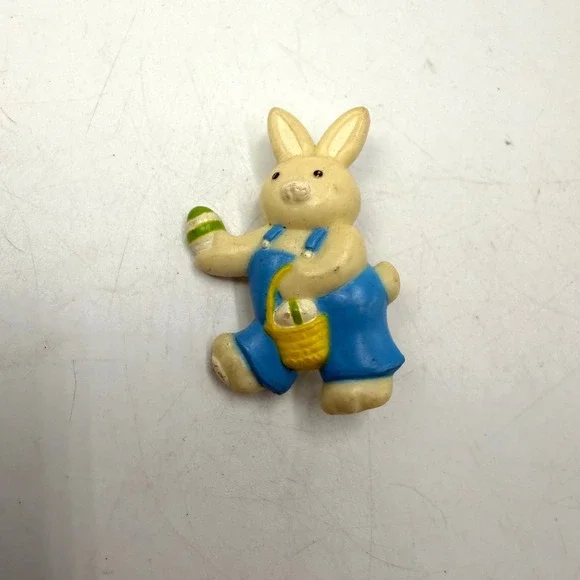 Vintage Gibson Greetings Easter Bunny Brooch Blue Overalls Plastic Holiday Pin