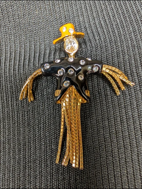 Scarecrow Brooch Lapel Pin Chain Legs & Arms Orange Hat Black Shirt Faux Gems 2