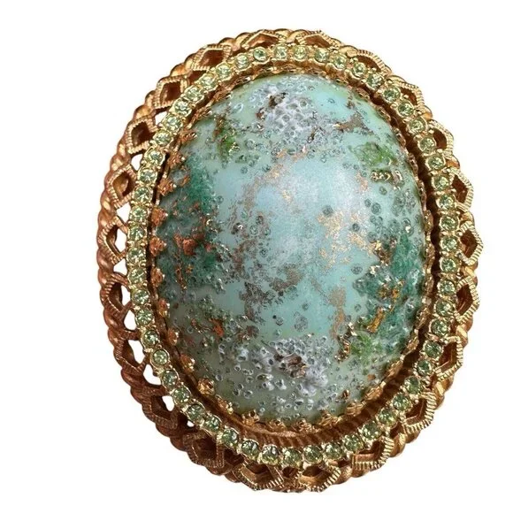 VTG DeNicola‎ Statement Brooch 2.25 Inch Green Easter Egg Cab Rhinestones Gold