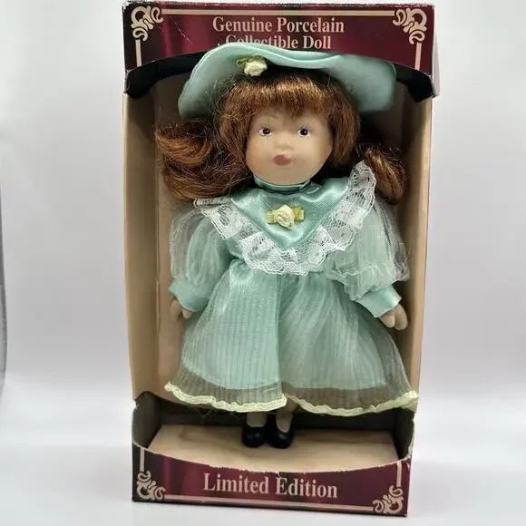 Limited Edition Hand Painted 6 in Porcelain Girl Doll Brown Curly Hair Outfit