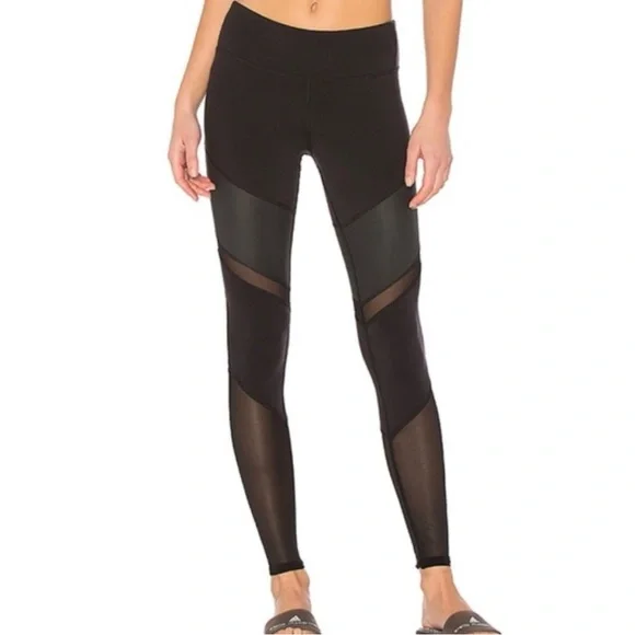 ALO YOGA Black Glossy Sheila‎ Tonal Mesh Panel High-Waist Active Leggings Size S