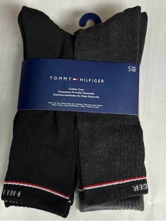 New Tommy Hilfiger Socks Men’s 5 Pairs Black & Gray Cushion Crew Socks Casual