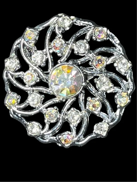 Vintage AB Crystal Rhinestone Silver Filigree Round Brooch