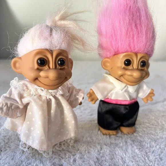 Vintage Russ Troll Doll Girl Nightgown Light Pink Hair& Groom Doll In Tux
