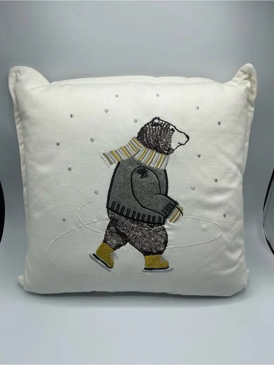 Threshold Embroidered Ice Skating Bear Pillow - White, Gray, Brown, Mustard