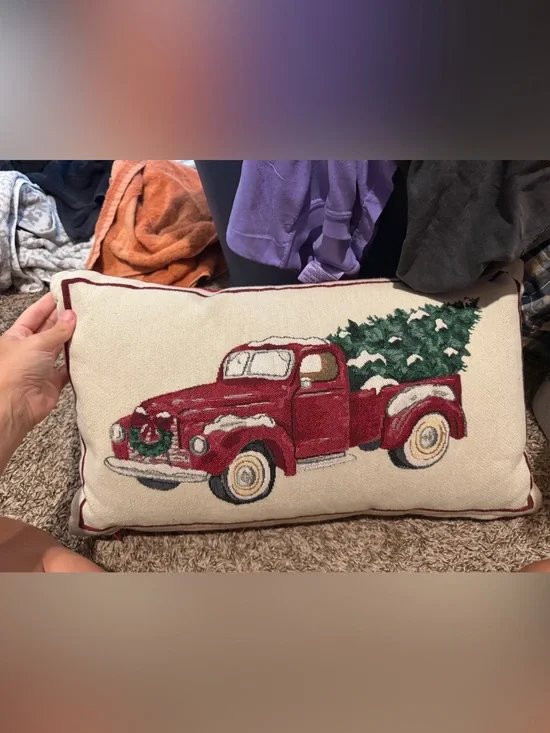 Mud Pie Red Vintage Truck with Green Christmas Tree Holiday Pillow